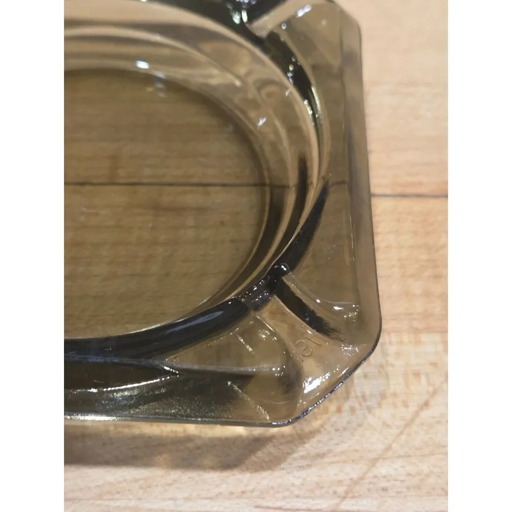 Vintage MCM Amber & Smoked Brown Glass Square Ashtray Set of 2